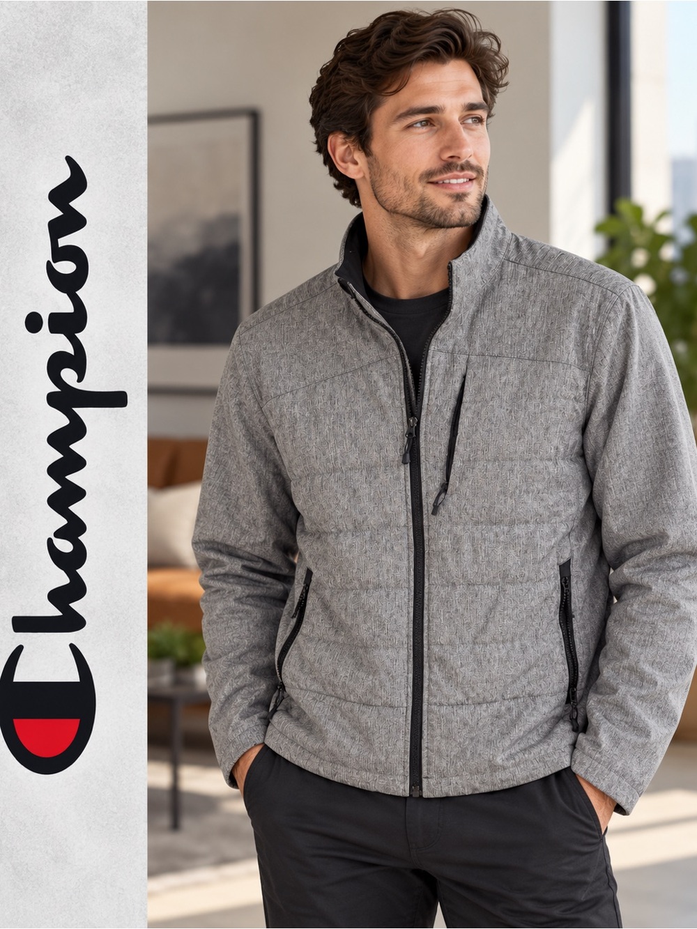Champion Men's Light Gray Quilted Puffer Jacket